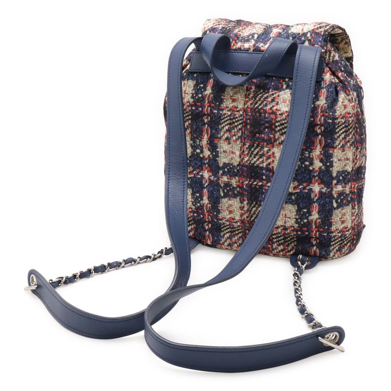 Chanel Tweed Print Chain Shoulder Rucksack Sac Backpack Nylon Blue — view 3