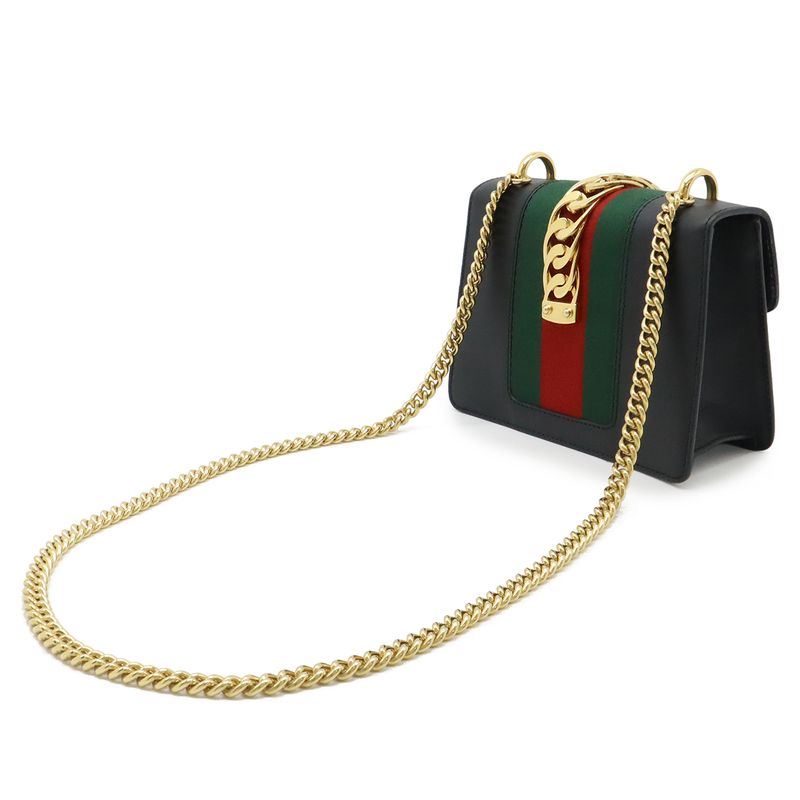 Gucci Sylvie Webline Ribbon Mini Chain Bag Shoulder Pochette Leather Black — view 3
