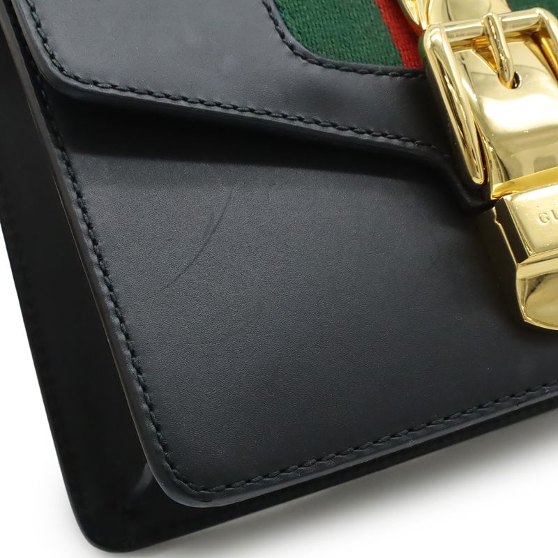 Gucci Sylvie Webline Ribbon Mini Chain Bag Shoulder Pochette Leather Black — view 8