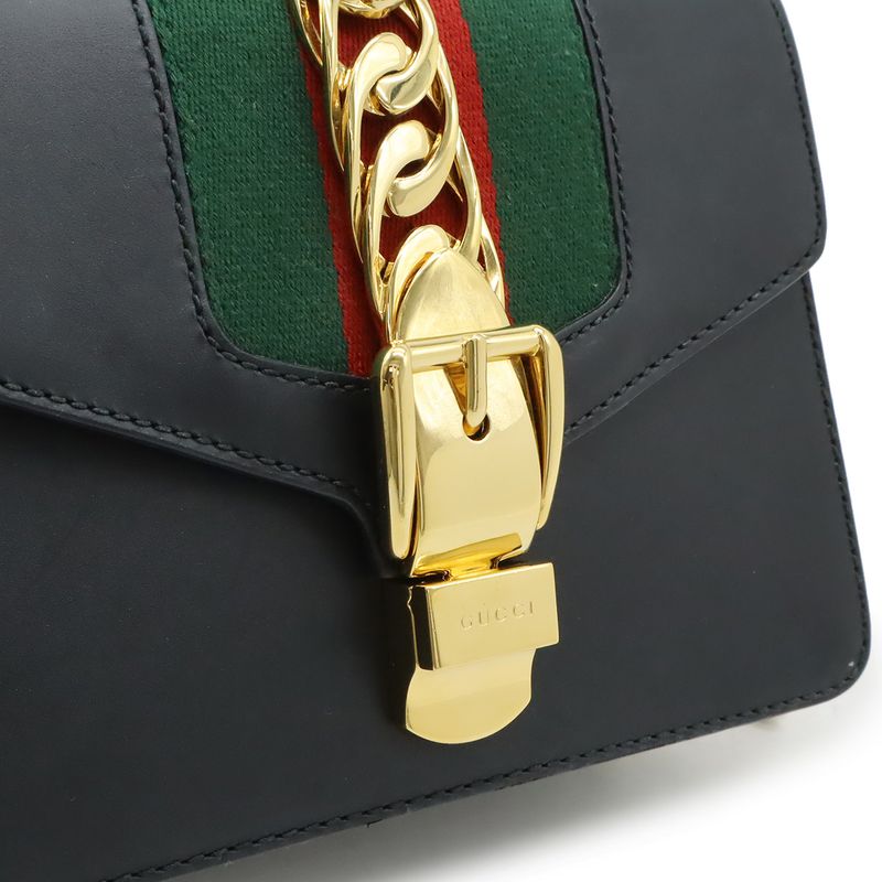 Gucci Sylvie Webline Ribbon Mini Chain Bag Shoulder Pochette Leather Black — view 9