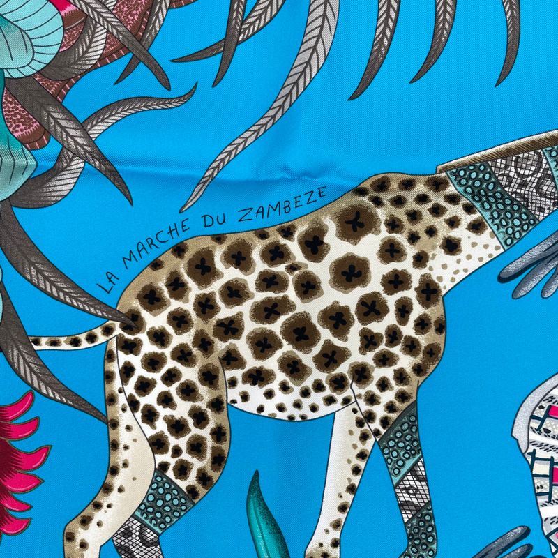 Hermes Carre 90 100% Silk Scarf Marche Du Zambeze On The Zambezi Blue — view 7