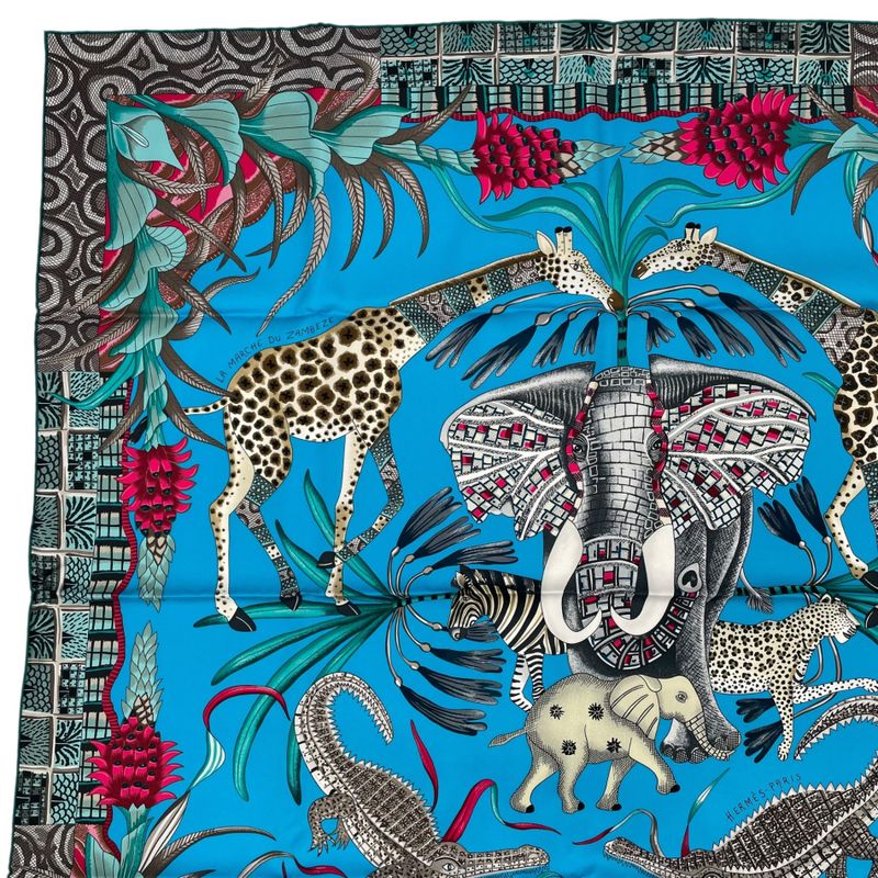 Hermes Carre 90 100% Silk Scarf Marche Du Zambeze On The Zambezi Blue — view 3