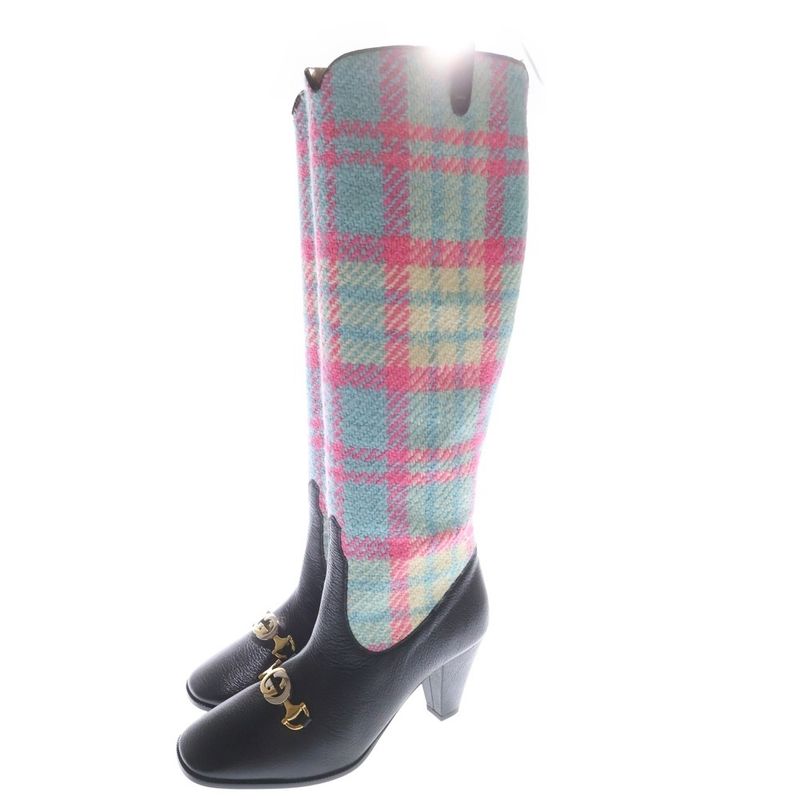 Gucci Interlocking G Hosebit Leather Plaid Tweed Cut Replacement Heel Side Zip — view 2