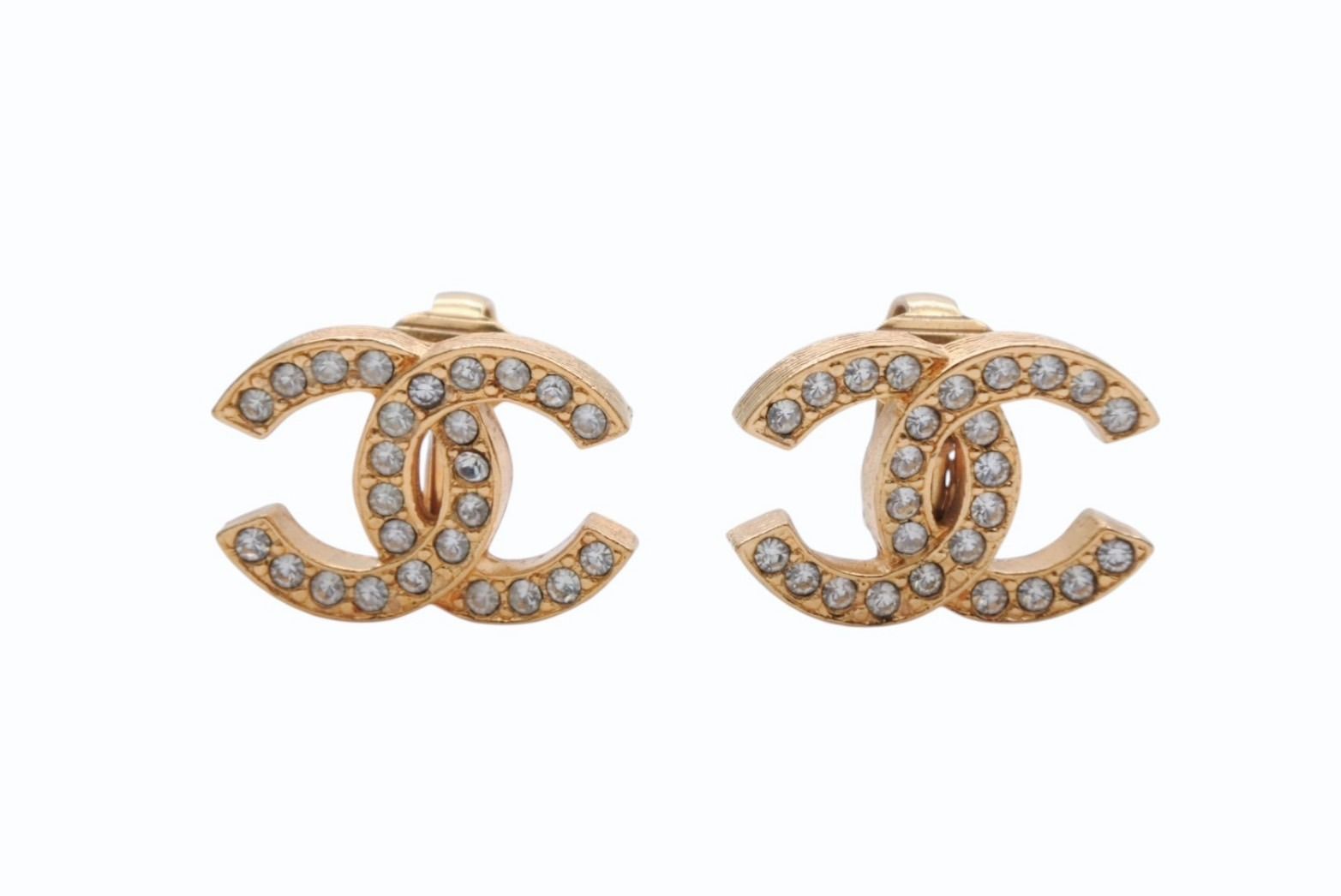 Chanel CC Logo Earrings Metal Rhinestone Gold Clear