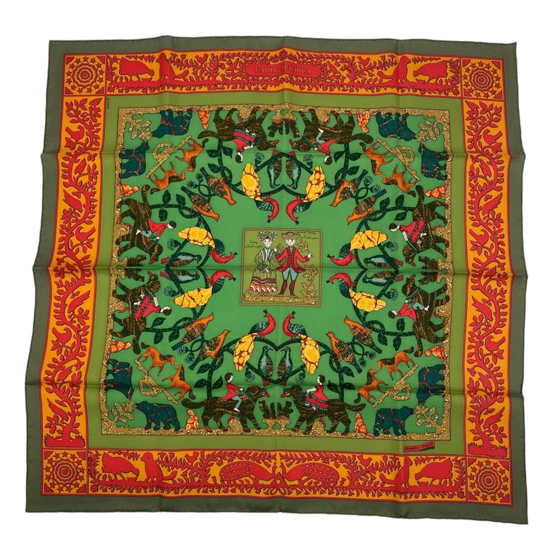 Hermes Scarf 100% Silk Early America Good Vintage Animal Pattern Green Box — view 2