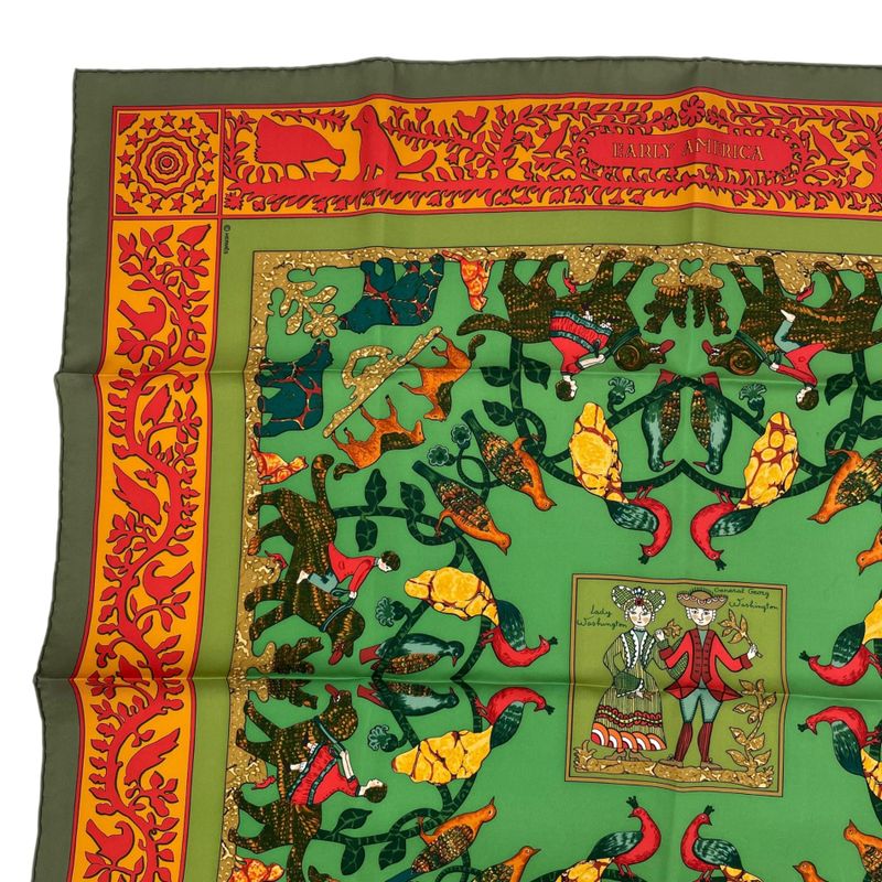 Hermes Scarf 100% Silk Early America Good Vintage Animal Pattern Green Box — view 3