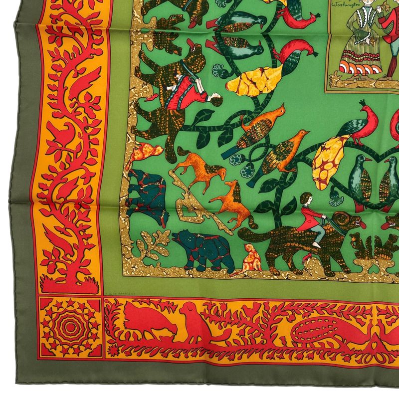 Hermes Scarf 100% Silk Early America Good Vintage Animal Pattern Green Box — view 5