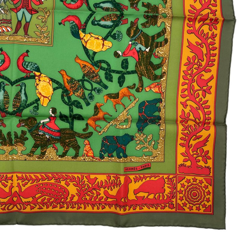 Hermes Scarf 100% Silk Early America Good Vintage Animal Pattern Green Box — view 6