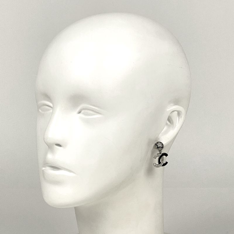 Chanel Coco Mark Rhinestone Earrings Swing Silver Plated Black — view 6