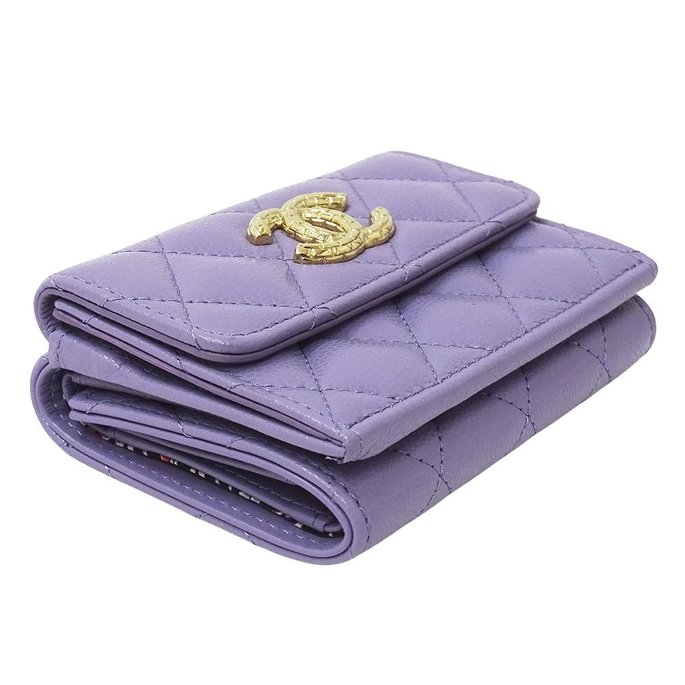 Chanel Wallet Quilted Trifold Caviar Leather Purple — view 3