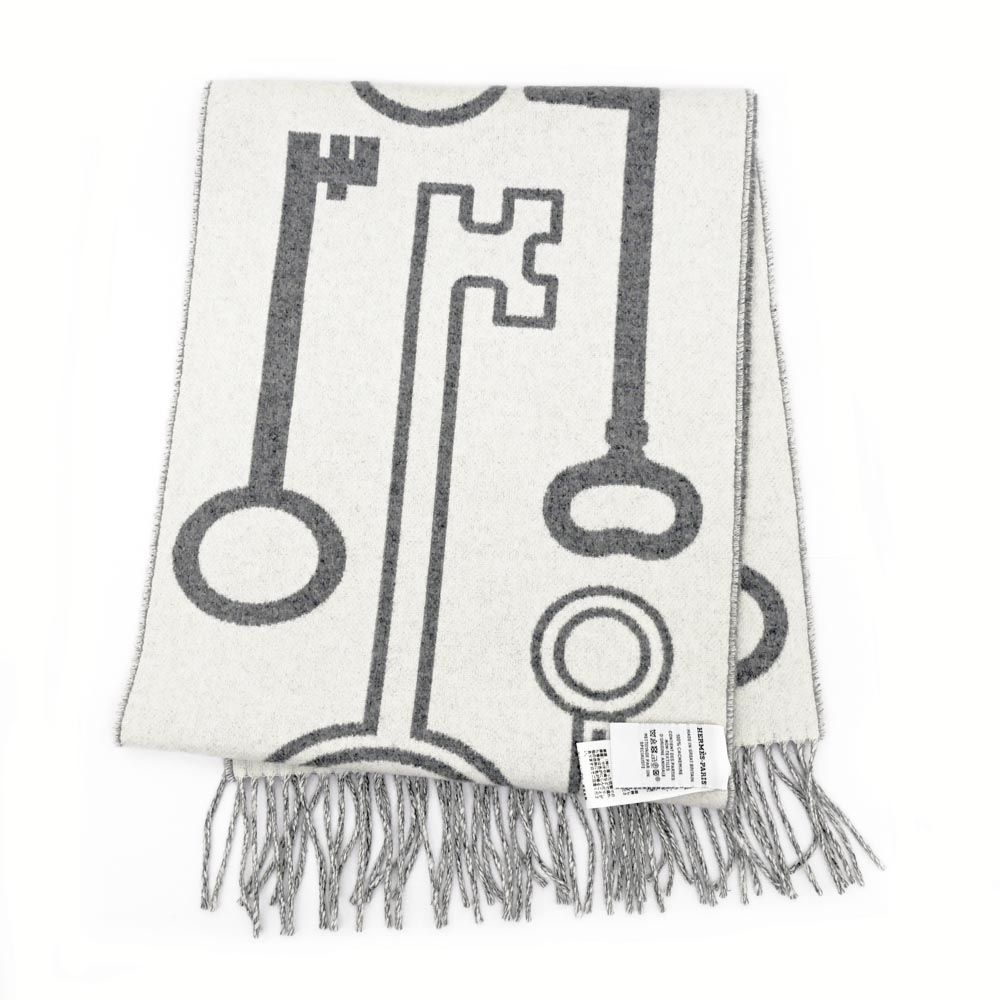 Hermes Muffler Kazak Keys Collection Gray 100% Cashmere Fringe Scarf — view 4