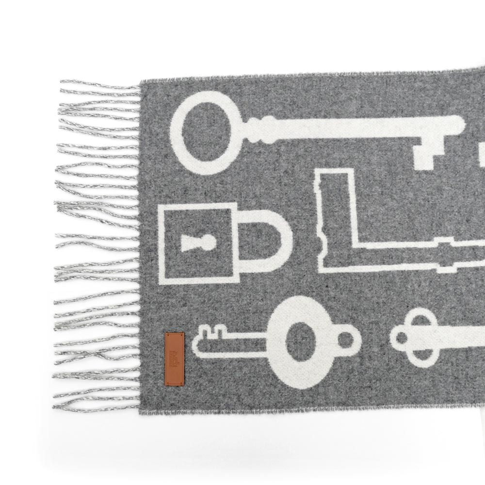 Hermes Muffler Kazak Keys Collection Gray 100% Cashmere Fringe Scarf — view 5