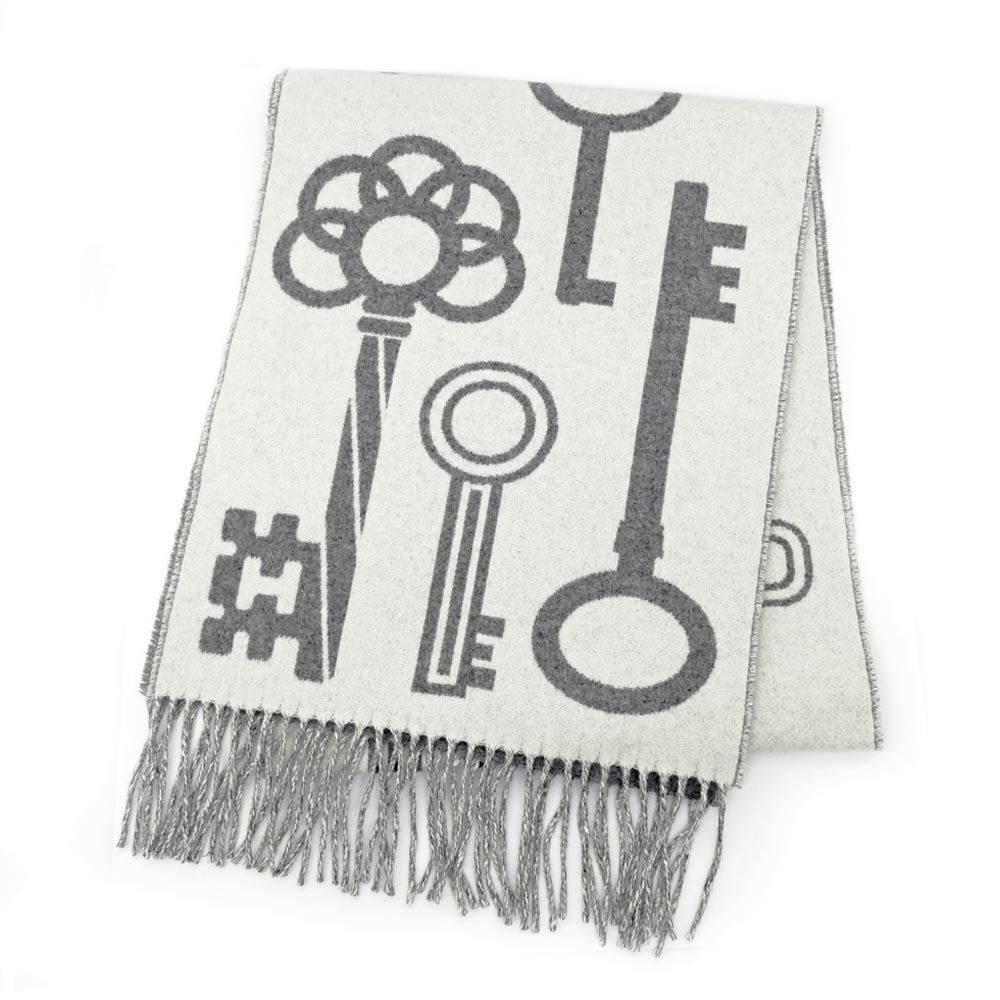 Hermes Muffler Kazak Keys Collection Gray 100% Cashmere Fringe Scarf — view 3