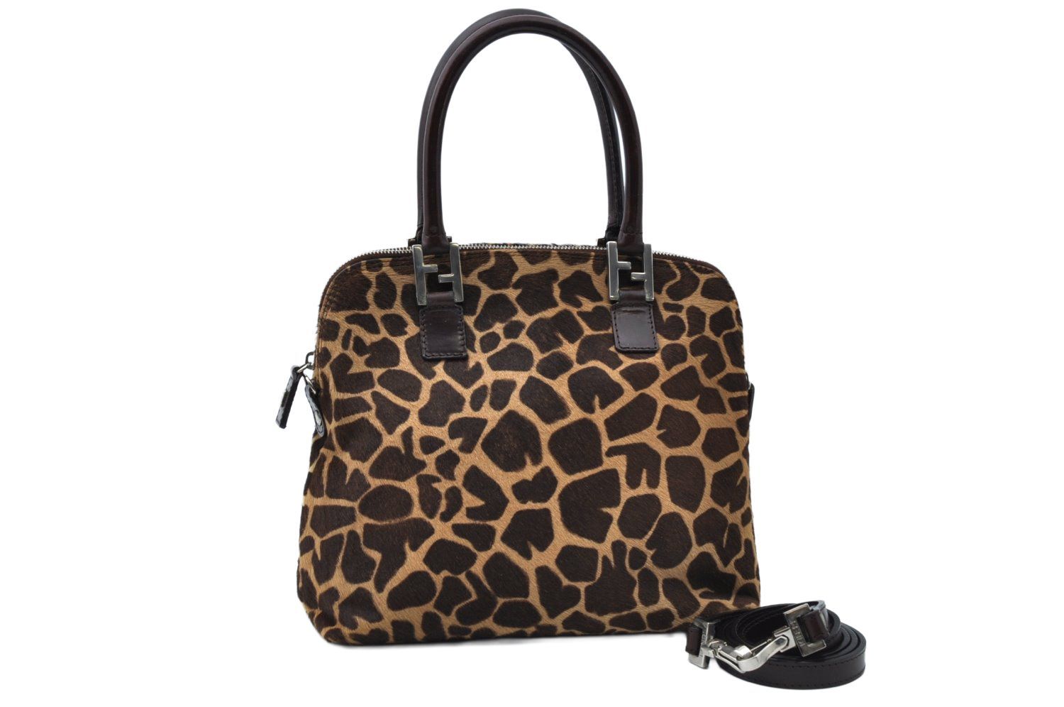 Fendi Giraffe Pattern 2-Way Shoulder Handbag Calf Hair Brown