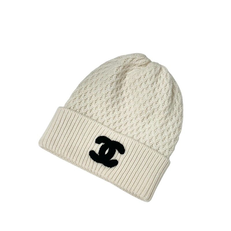 Chanel Cap Hat Cashmere White Black CC Logo Knit Beanie — view 2