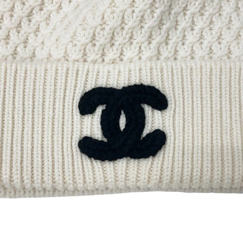 Chanel Cap Hat Cashmere White Black CC Logo Knit Beanie — view 4