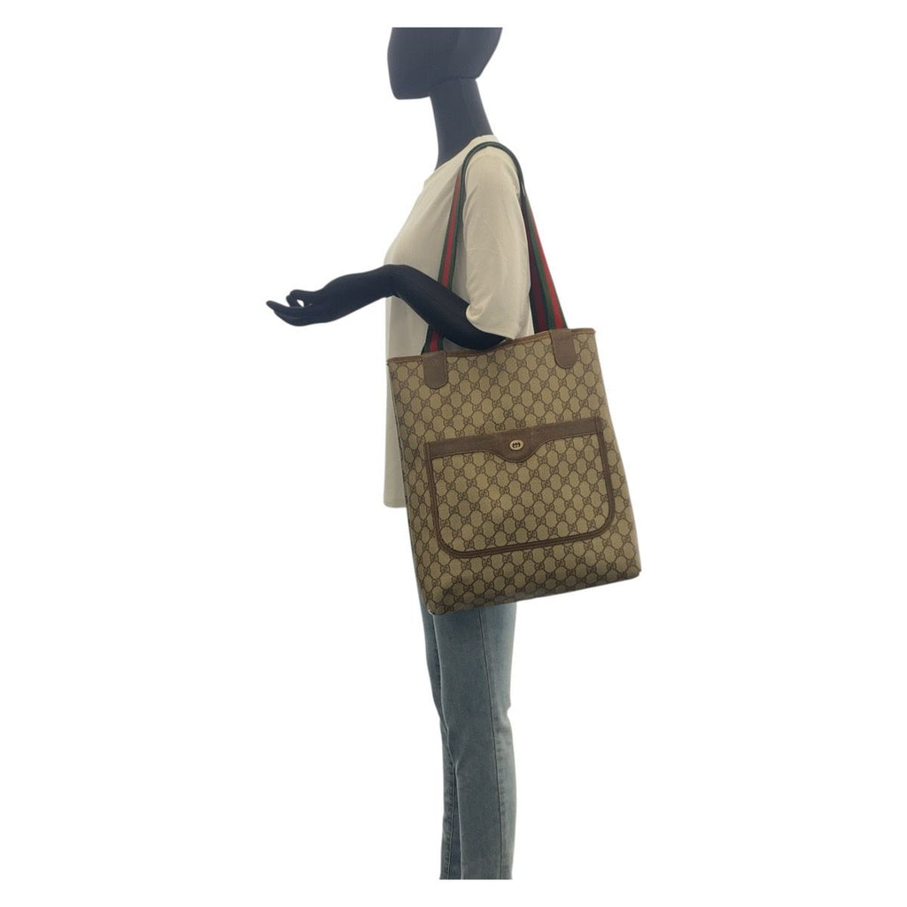 Gucci Vintage Sherry Line Beige Brown GG Supreme Canvas Leather Tote — view 8