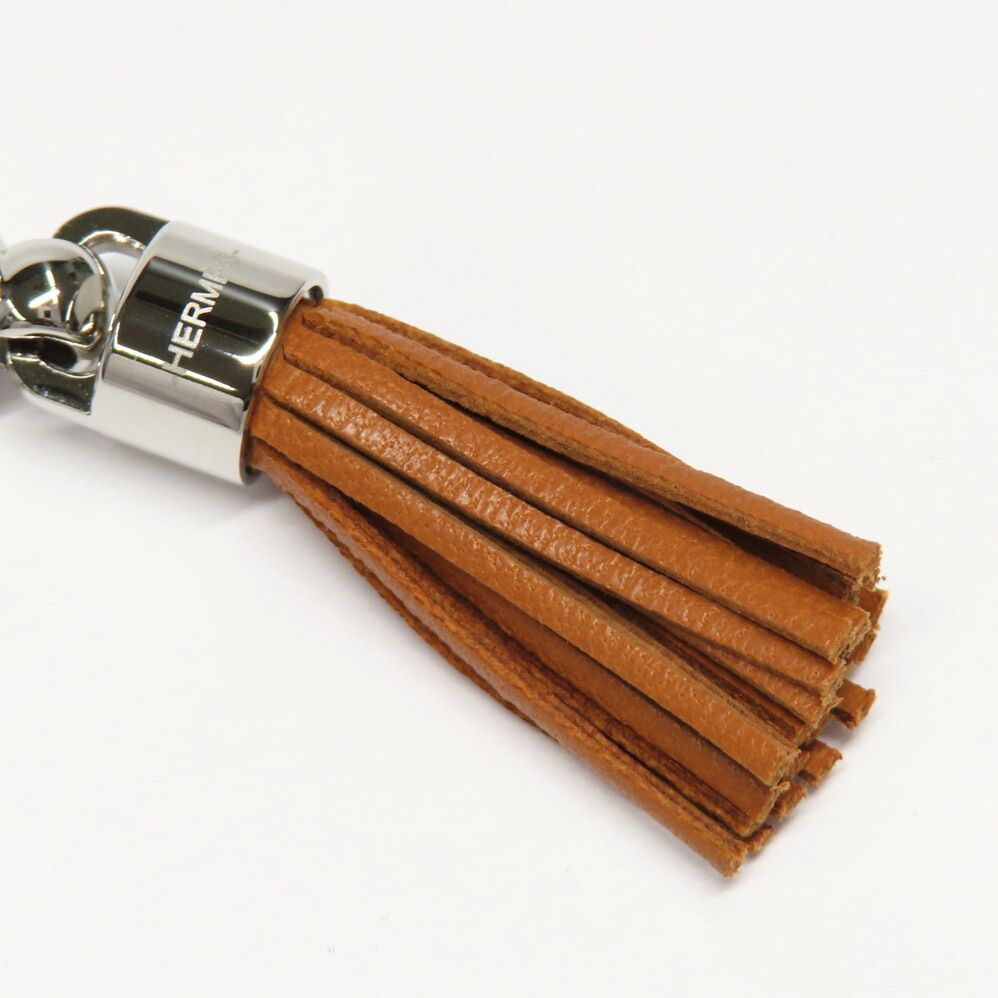 Hermes Twilly Ring Cell Pom Pon Brown Silver Leather Scarf — view 8