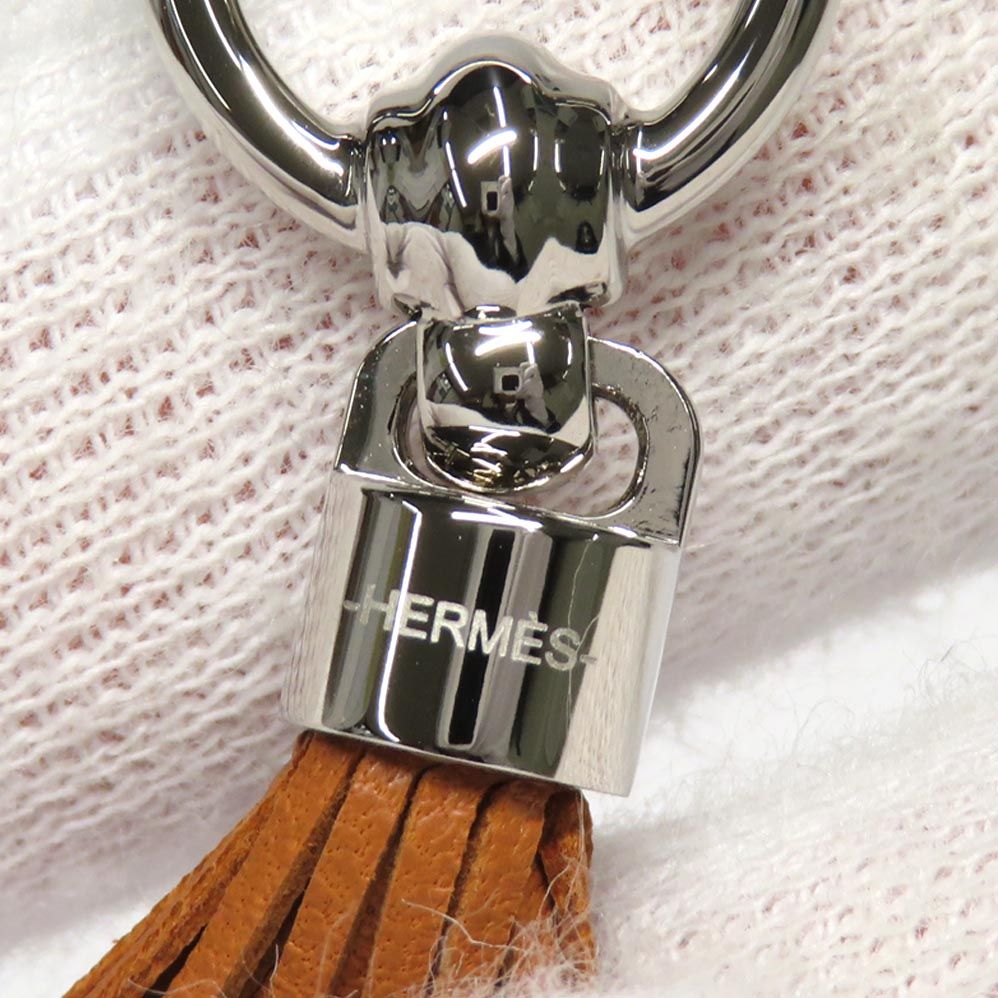 Hermes Twilly Ring Cell Pom Pon Brown Silver Leather Scarf — view 7