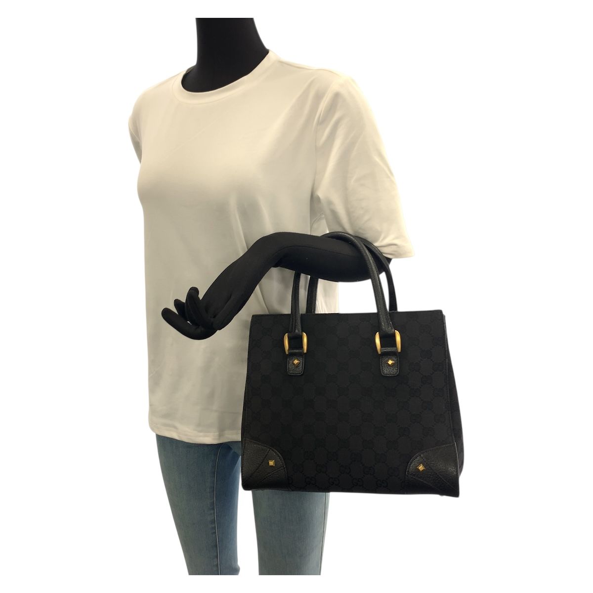 Gucci Black GG Canvas Leather Tote Handbag — view 6