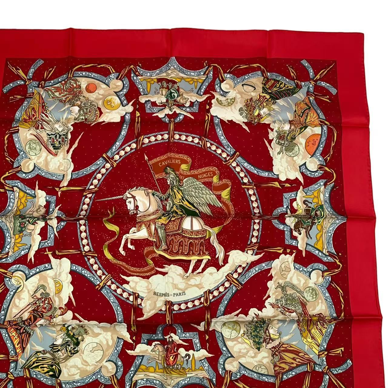 Hermes Carre 90 Scarf Silk Cavaliers Des Nuages Cloud Knight Red Box — view 4