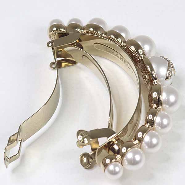 Chanel Pony Barrette Hair CC Logo Rhinestone Faux Pearl Gold — view 4