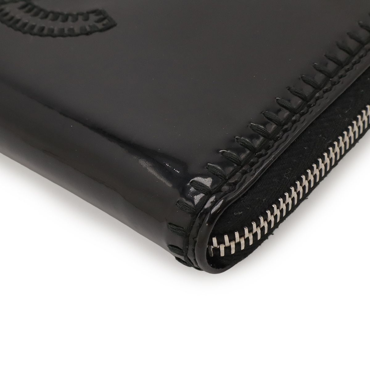 Chanel CC Logo Zip Around Wallet Enamel Patent Leather Black Silver Har — view 3