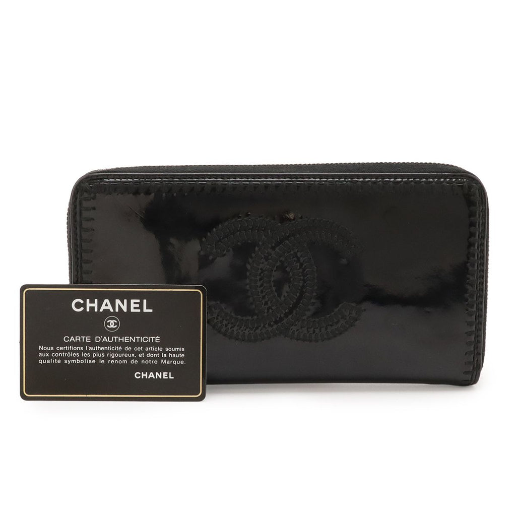 Chanel CC Logo Zip Around Wallet Enamel Patent Leather Black Silver Har — view 9