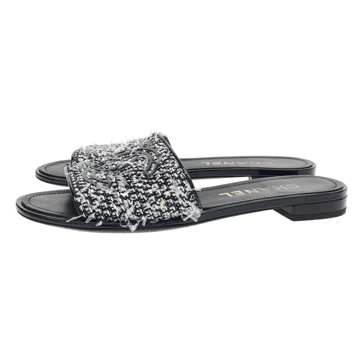 Chanel CC Logo Tweed Mule Sandals Black Silver 38 — view 2