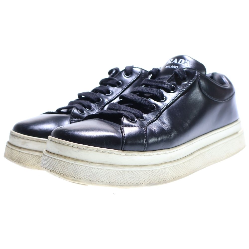 Prada Logo Print Leather Lace Up Sneakers Black — view 2