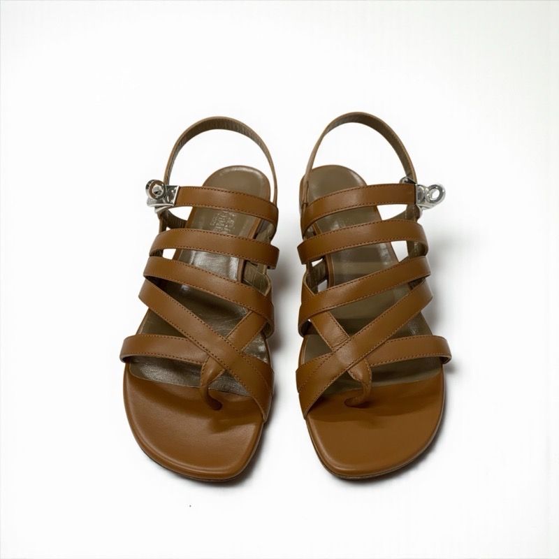 Hermes Sandals Shoes Leather Brown Silver Kelly Strap Flat — view 2