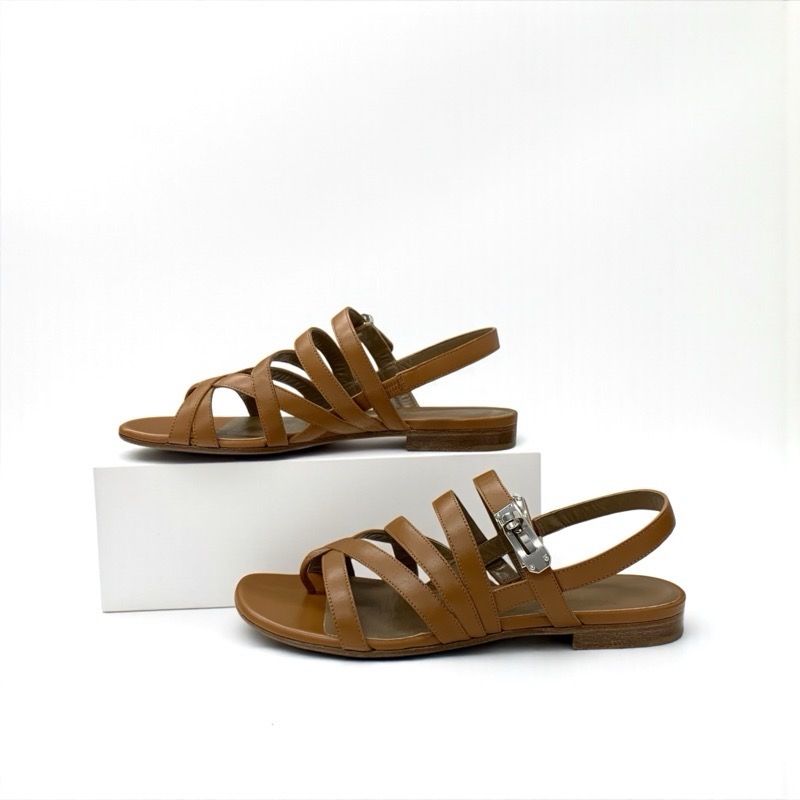 Hermes Sandals Shoes Leather Brown Silver Kelly Strap Flat — view 3