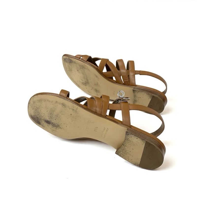 Hermes Sandals Shoes Leather Brown Silver Kelly Strap Flat — view 5