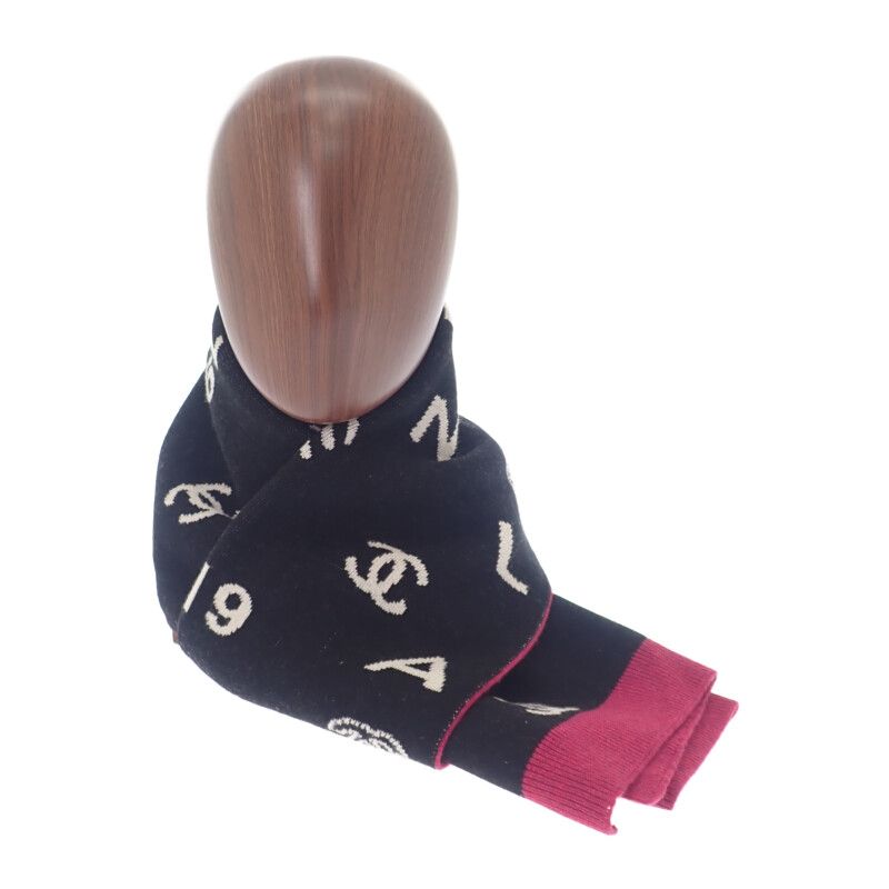 Chanel Logo Muffler Cashmere Black Pink CC Scarf — view 6
