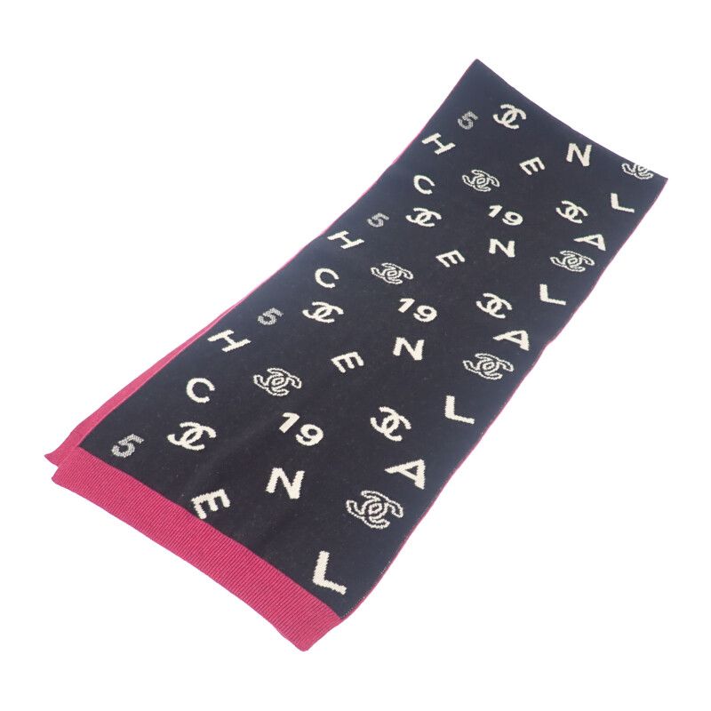 Chanel Logo Muffler Cashmere Black Pink CC Scarf — view 2