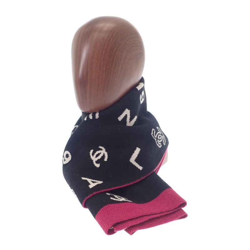 Chanel Logo Muffler Cashmere Black Pink CC Scarf — view 8