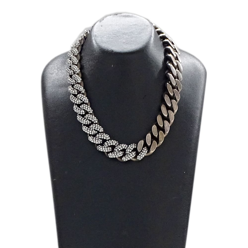 Saint Laurent Choker Necklace Metal Rhinestone Silver Chain — view 5