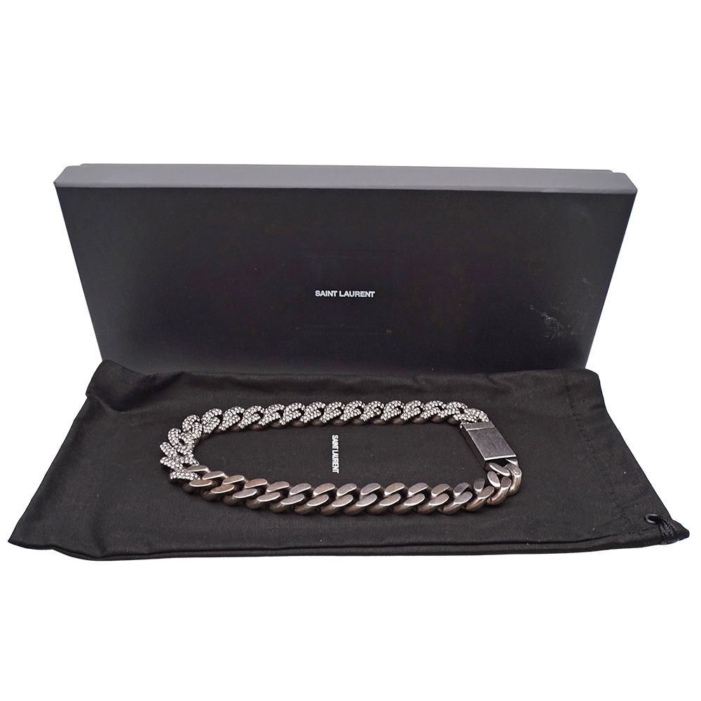 Saint Laurent Choker Necklace Metal Rhinestone Silver Chain — view 6