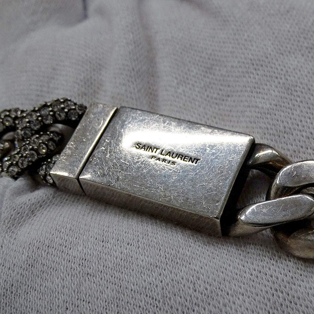 Saint Laurent Choker Necklace Metal Rhinestone Silver Chain — view 8