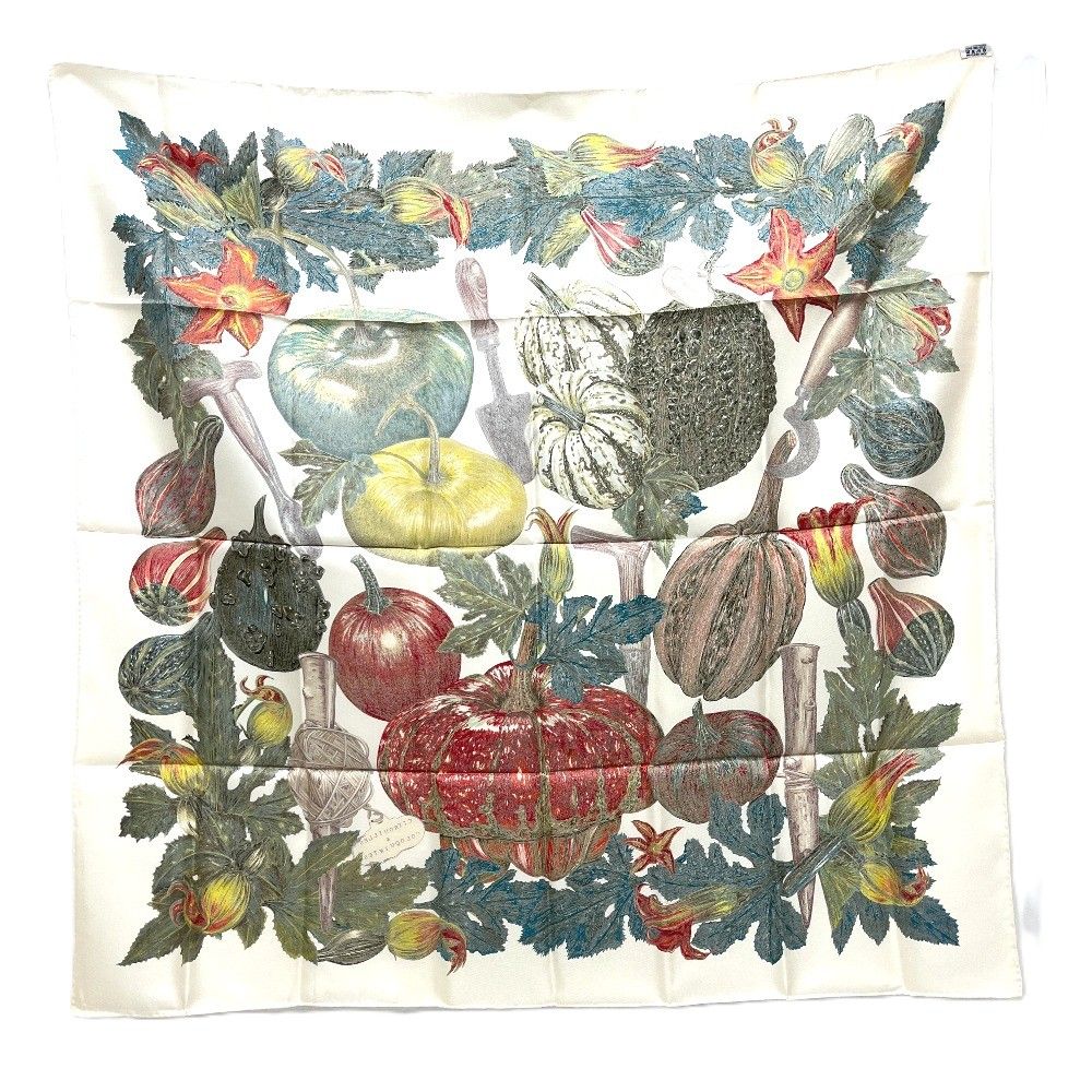 Hermes Scarf Citrouilles & Coloqu in Tes Pumpkin and Colocint Silk White Beige — view 7