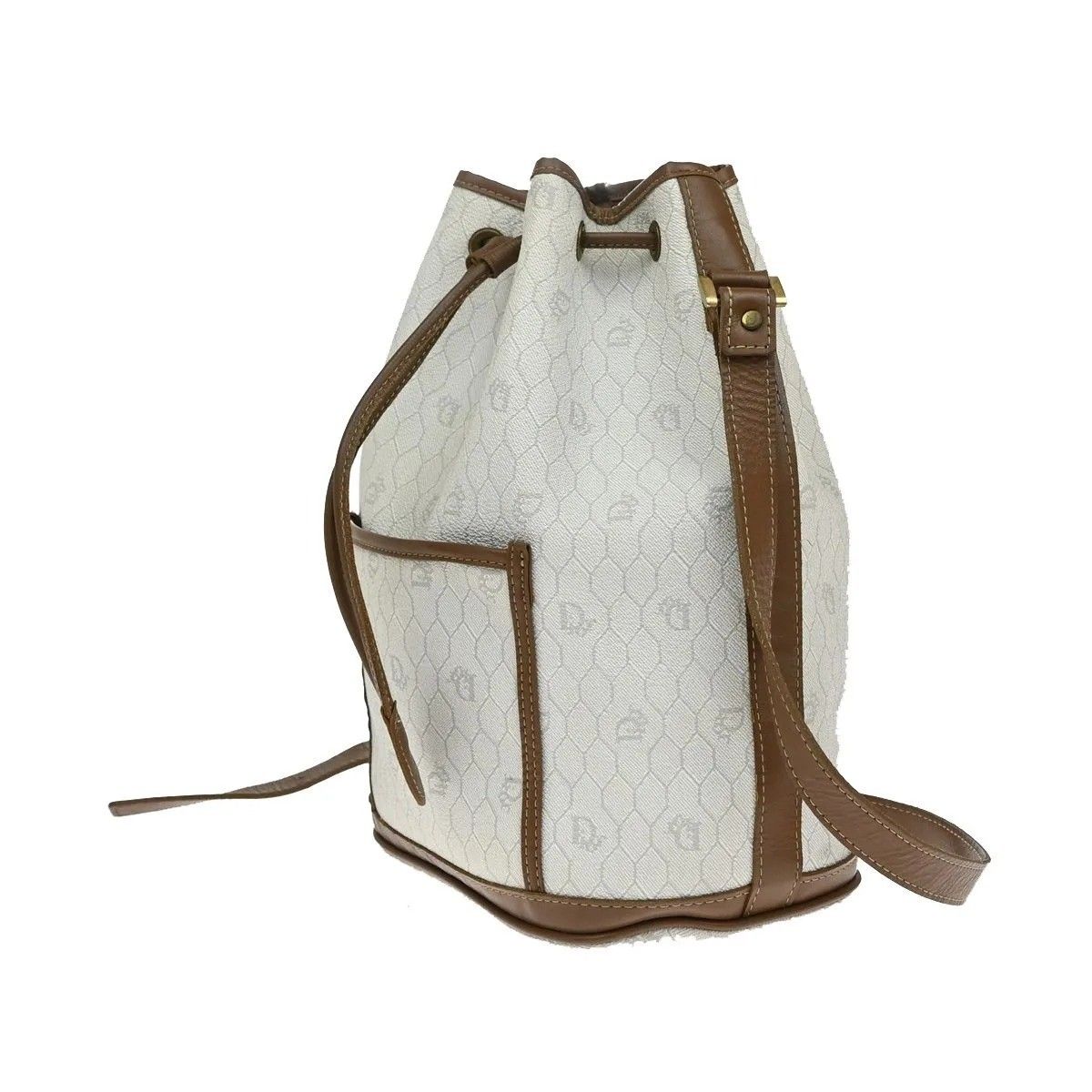 Dior Christian Shoulder Bag Honeycomb Drawstring White Brown Leather Vintage — view 2