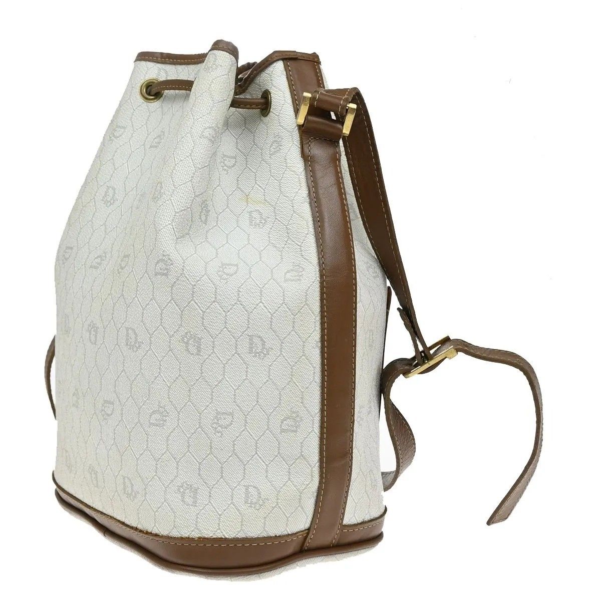 Dior Christian Shoulder Bag Honeycomb Drawstring White Brown Leather Vintage — view 4
