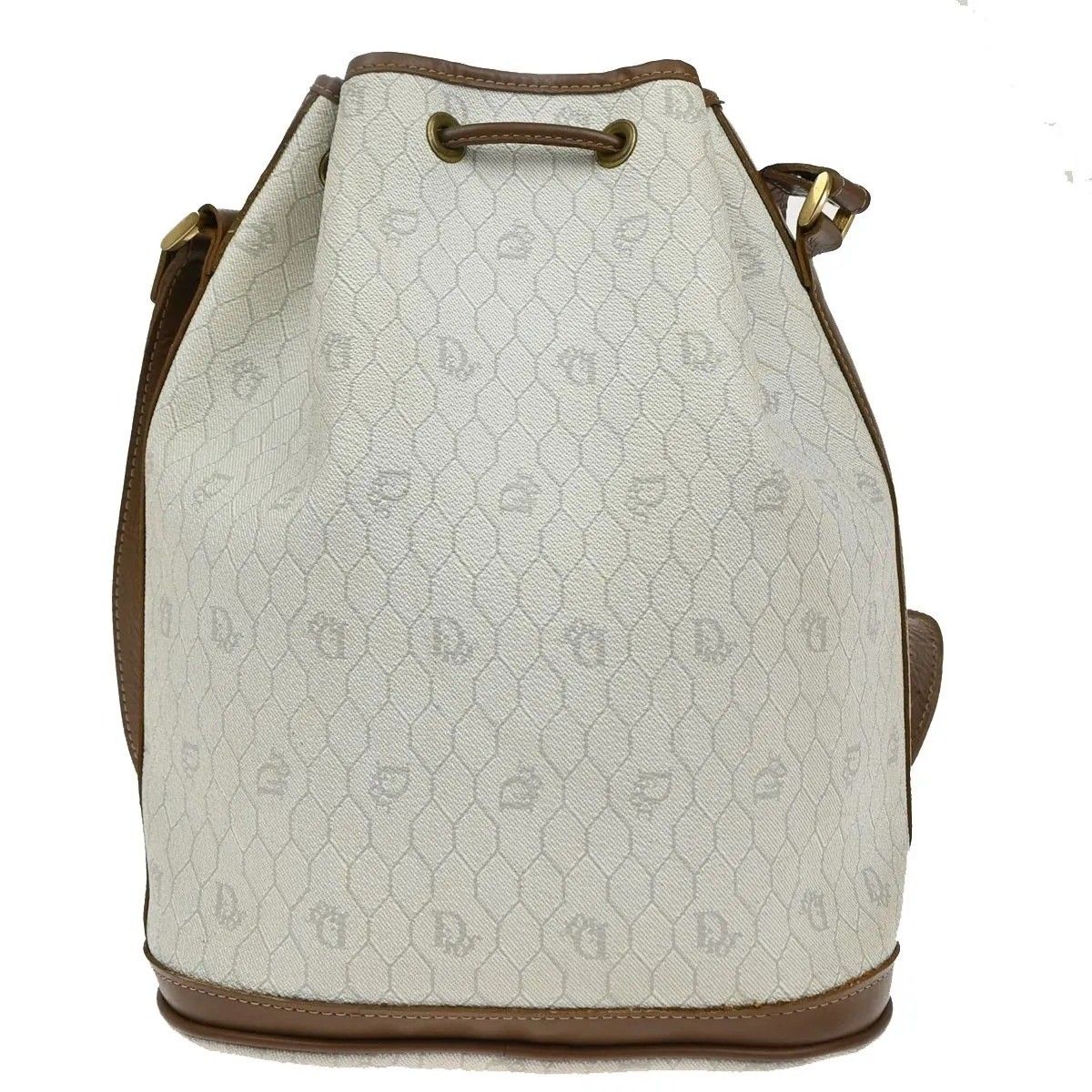 Dior Christian Shoulder Bag Honeycomb Drawstring White Brown Leather Vintage — view 3