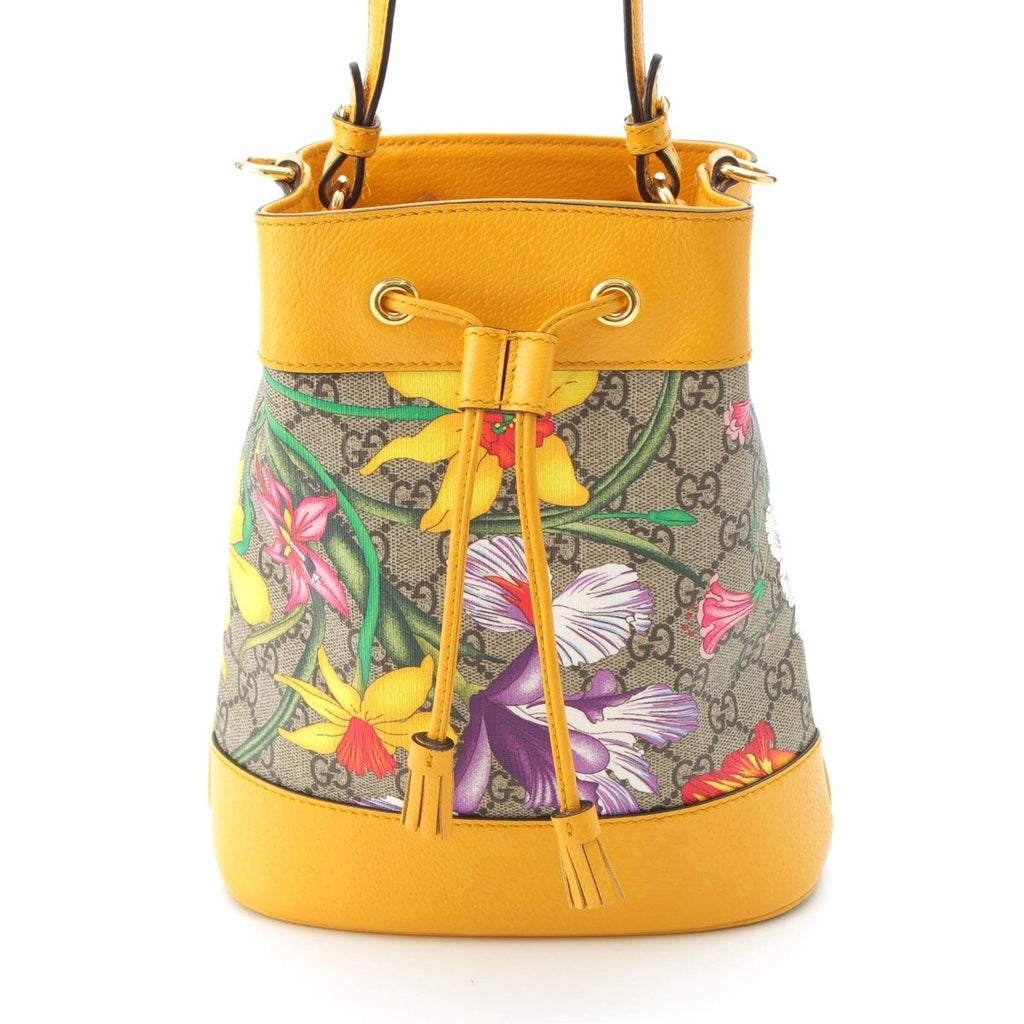 Gucci Leather GG Supreme Flora Shoulder Drawstring Handbag Yellow — view 2