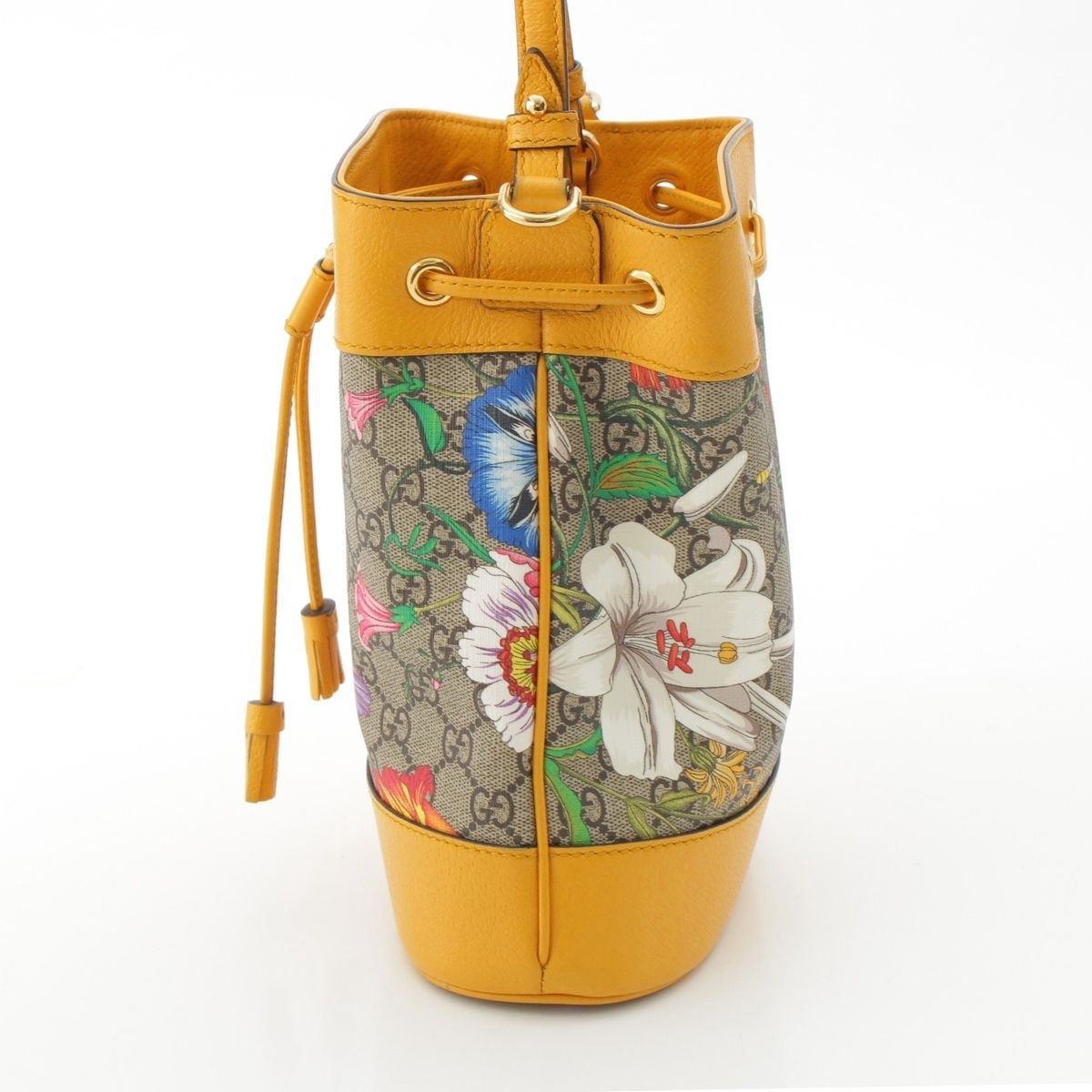 Gucci Leather GG Supreme Flora Shoulder Drawstring Handbag Yellow — view 4