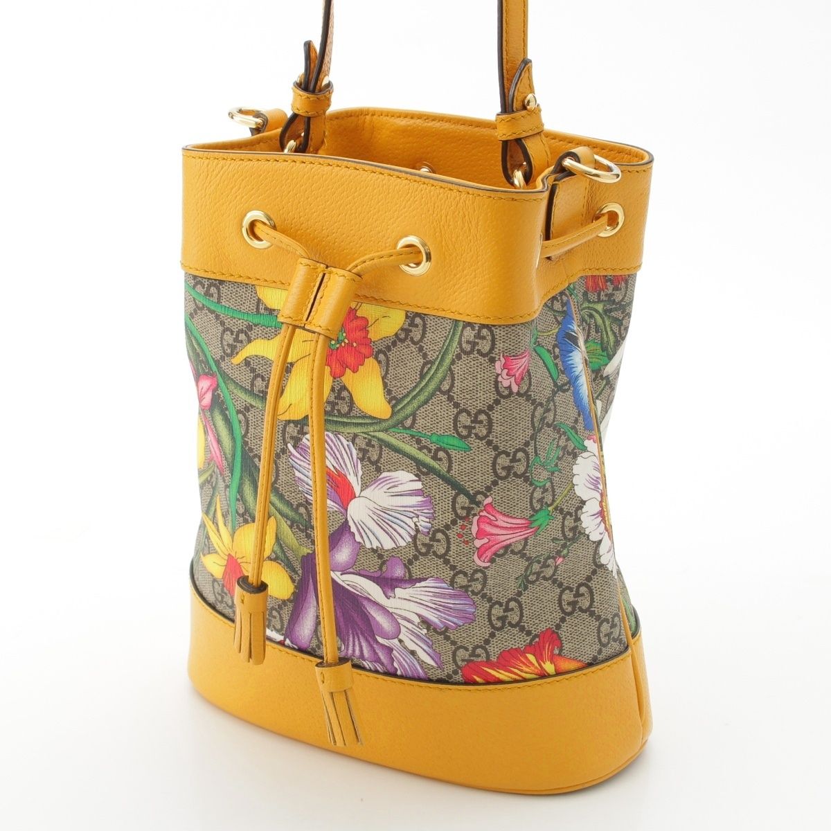 Gucci Leather GG Supreme Flora Shoulder Drawstring Handbag Yellow — view 3