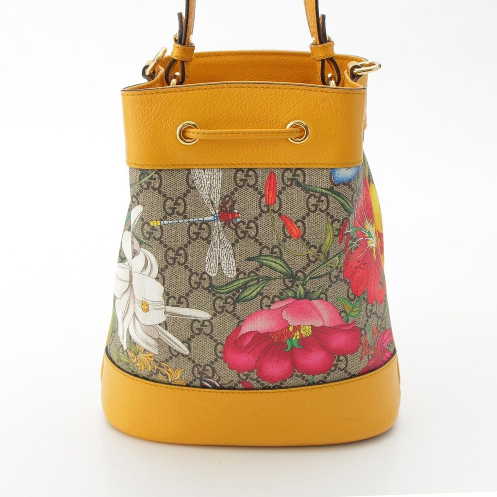 Gucci Leather GG Supreme Flora Shoulder Drawstring Handbag Yellow — view 5