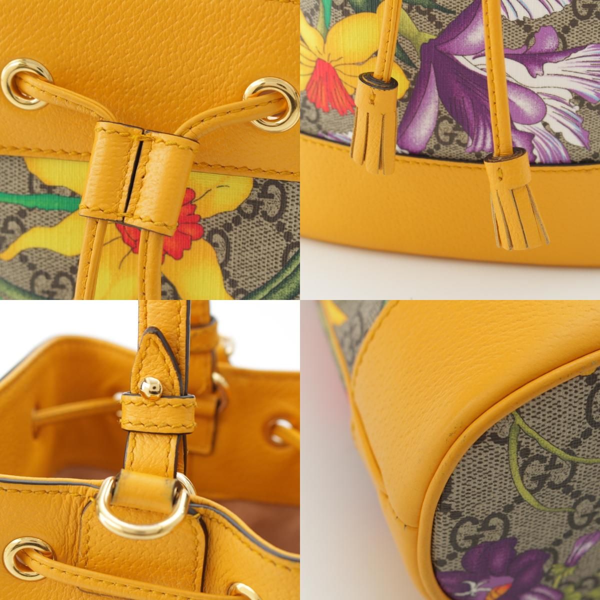 Gucci Leather GG Supreme Flora Shoulder Drawstring Handbag Yellow — view 8