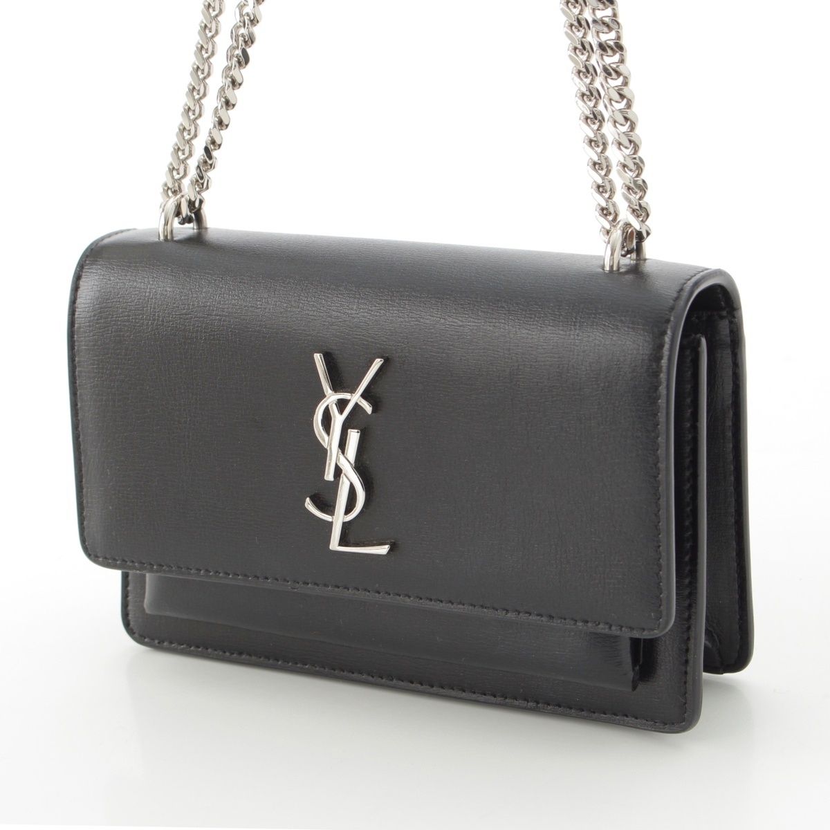 Saint Laurent Leather Sunset YSL Logo Chain Shoulder Bag Black Silver — view 2