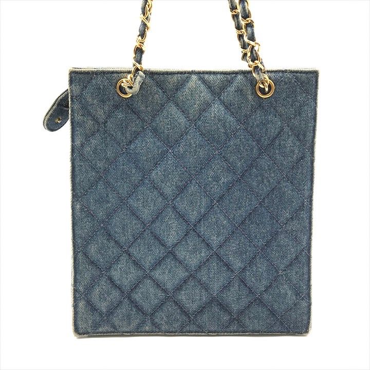 Chanel CC Logo Denim Quilted Vintage Chain Tote Shoulder Bag Blue — view 3